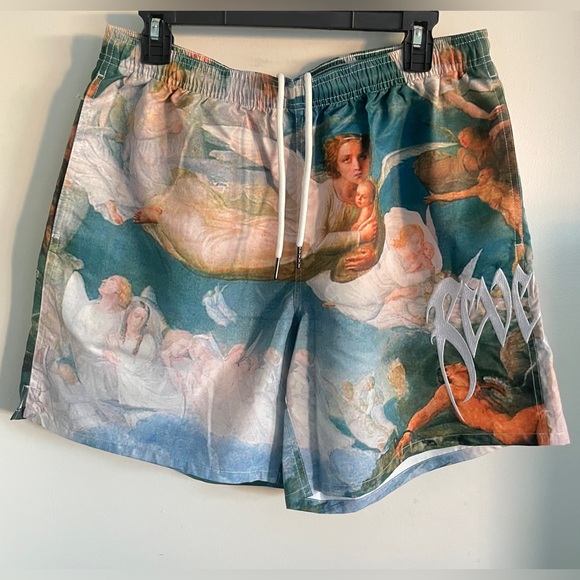 New LARGE 32W-34W REVENGE ANGEL Art Graphic embroidered swim Utility shorts - Picture 2 of 6